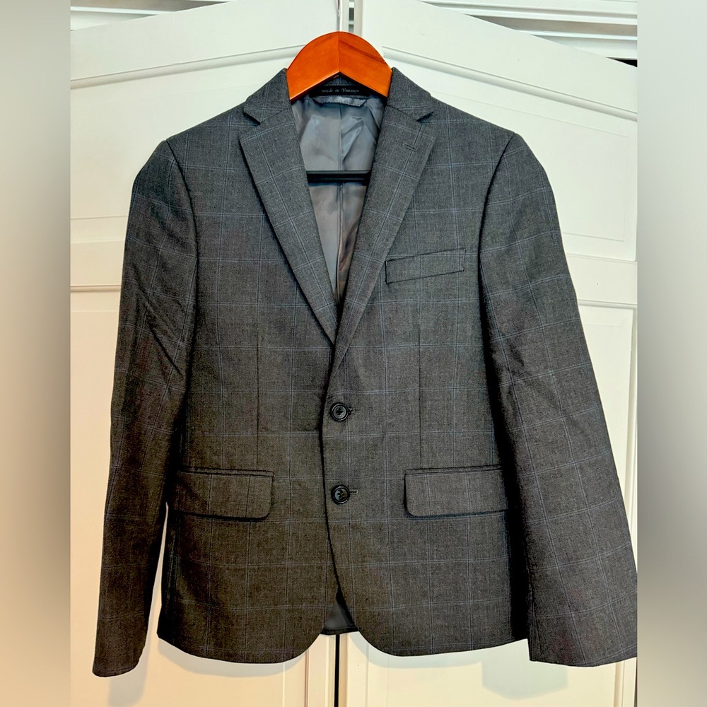 Ralph Lauren boys size 12 Blazer, charcoal gray with blue windowpane.